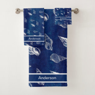 Custom Navy Wash White Nautical Seashell Badezimme Badhandtuch Set
