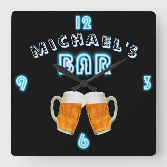 Custom Neon Clock BAR DEN TAVERN ManCave Mens Quadratische Wanduhr (Vorderseite)