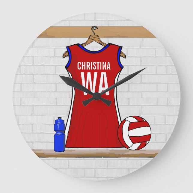 Custom Netball Uniform Red with Blue and White Große Wanduhr (Vorderseite)