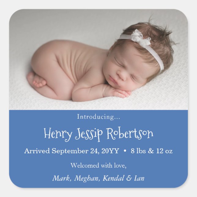Custom Newborn Foto Birth Announcement Blue Quadratischer Aufkleber (Vorderseite)