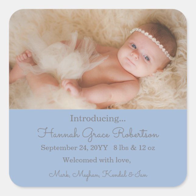 Custom Newborn Foto Birth Announcement Square Sti Quadratischer Aufkleber (Vorderseite)