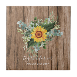 Custom Newlywings Rustic Sunflowers Eucalyptus Lea Fliese