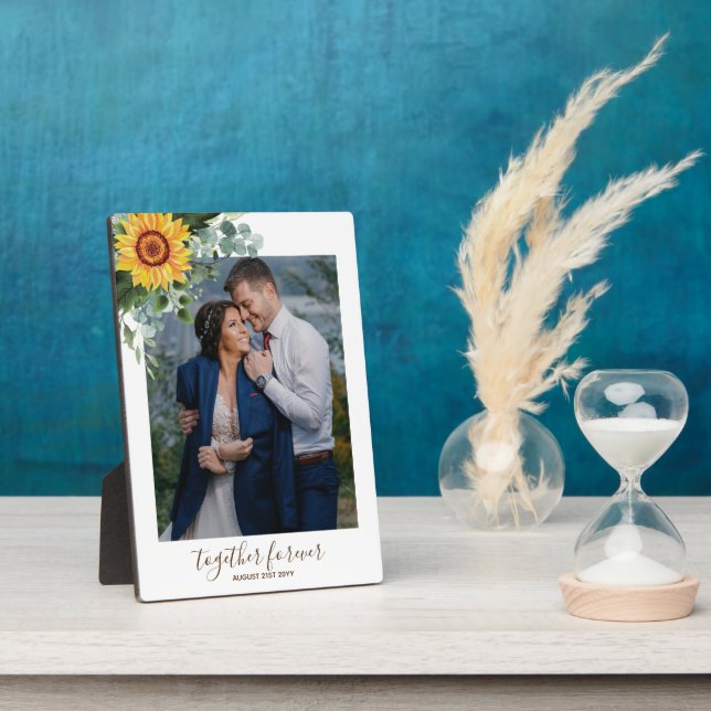 Custom Newlywings Rustic Sunflowers Eucalyptus Lea Fotoplatte (Seite)