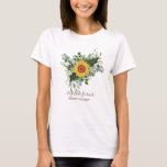 Custom Newlywings Rustic Sunflowers Eucalyptus Lea T-Shirt<br><div class="desc">Fügen Sie Ihren eigenen Text,  wie gewünscht,  um diese atemberaubende Aquarellbilder von Sonnenblumen,  Eukalyptus-Blätter und Grünpflanzen zu personalisieren. Ideal für Hochzeitsgeschenke,  Brautparty,  Brautjungfrau,  Trauzeugin,  Blume,  Braut oder Bräutigam. Bearbeiten Sie den Text in Anzug.</div>