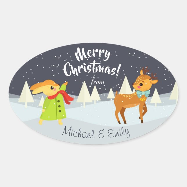 Custom Niedlich Christmas Bunny and Deer Illustrat Ovaler Aufkleber (Vorderseite)