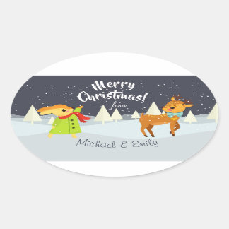 Custom Niedlich Christmas Bunny and Deer Illustrat Ovaler Aufkleber
