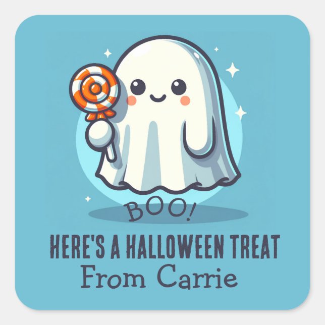 Custom Niedlich Ghost mit Candy Halloween Leckerei Quadratischer Aufkleber (Vorderseite)