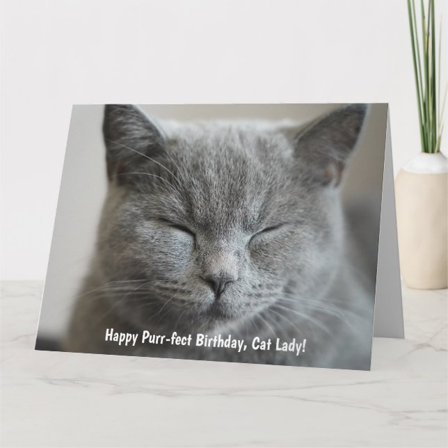 Custom Niedlich Grey Kitty Foto Purr-fect Geburtst Karte (Vorderseite)