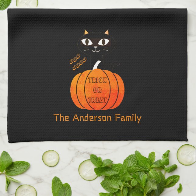 Custom Niedlich Orange Black Cat & Pumpkin Hallowe Geschirrtuch (Gefaltet)