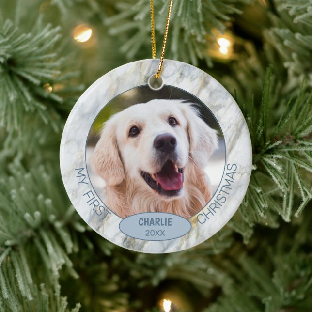 Custom Niedlich Pet Foto 1. Weihnachten auf blauem Keramik Ornament (Baum)