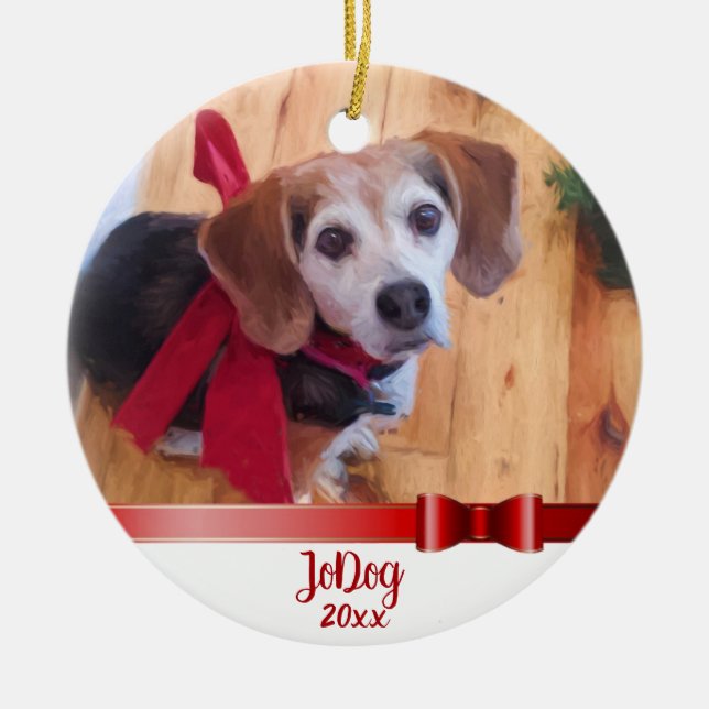 Custom Niedlich Red Bow Pet 2 Foto Weihnachten Keramik Ornament (Vorne)