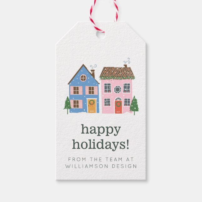 Custom Niedliche Weihnachtshäuser Happy Holidays Geschenkanhänger (Vorderseite)