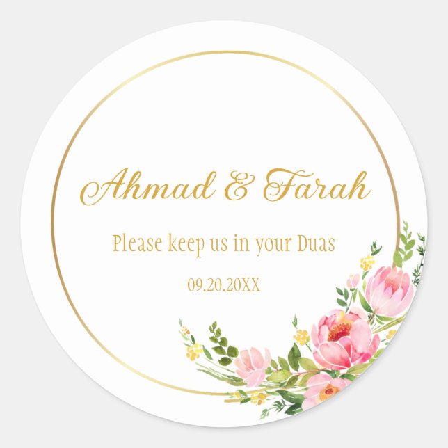 Custom Nikkah Shaadi Islamic Wedding Floral Runder Aufkleber (Vorderseite)