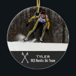 Custom Nordic Cross Country Skiing Photo Collage Keramikornament<br><div class="desc">This nordic cross country skiing photo collage design features your photo(s) and 2 lines of custom text - add your ski team name and/or skier's name. Criss-crossed ski poles complete the design. Great for an "all-team" end of season gift or coach/ski instructor. Change the background color to match your ski...</div>