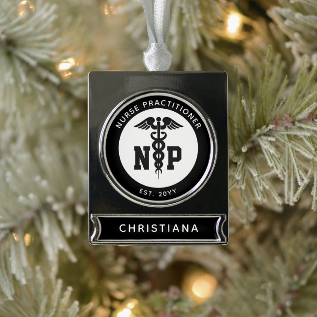 Custom NP Nurse Practitioner Abschluss Caduceus Banner-Ornament Silber (Baum)