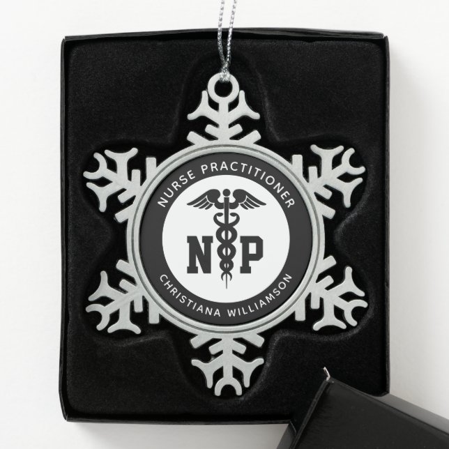 Custom NP Nurse Practitioner Abschluss Caduceus Schneeflocken Zinn-Ornament (Box)