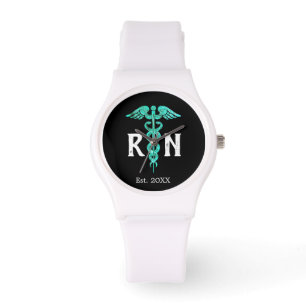 Custom Nurise RN Turquoise Caduceus White Silicone Armbanduhr
