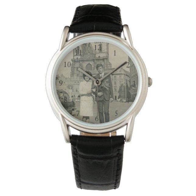 Custom Old Foto Couple Anniversary Lederband Armbanduhr (Vorderseite)