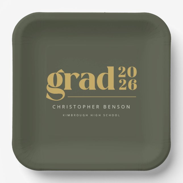 Custom Olive Green Gold Grad 2026 Graduation Pappteller (Vorderseite)