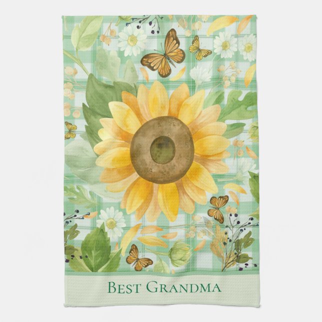 Custom Oma Green Gingham Sunflower Butterfly Geschirrtuch (Vertikal)