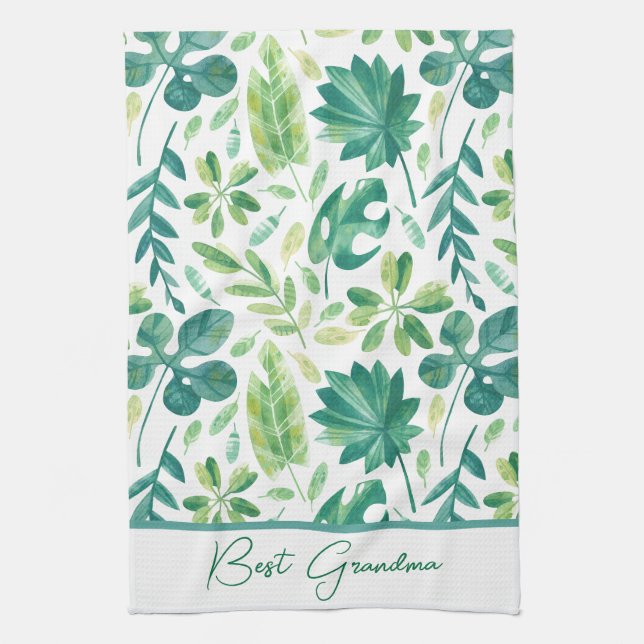 Custom Oma Tropical Monstera Leaf Green Aquamarin Geschirrtuch (Vertikal)