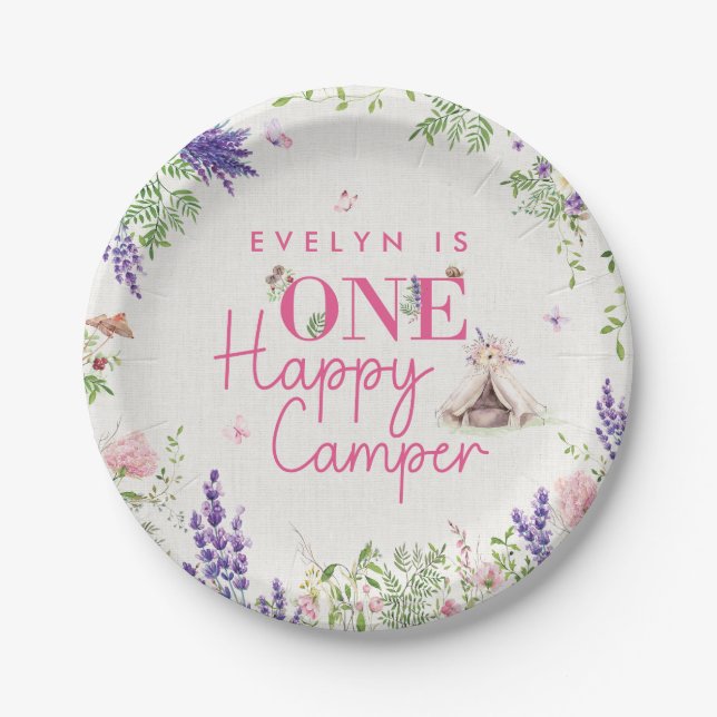 Custom One Happy Camper Baby Girls zum ersten Gebu Pappteller (Vorderseite)
