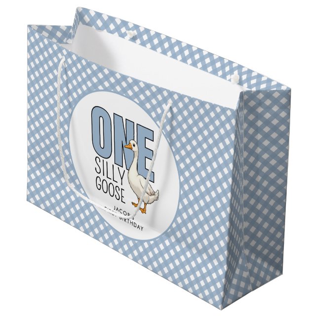 Custom One Silly Goose 1st Birthday Plaid Pattern Große Geschenktüte (Vorderseite Schrägansicht)