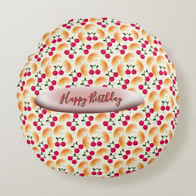 Custom Orange Floral Cherry Pattern  Rundes Kissen (Vorderseite)