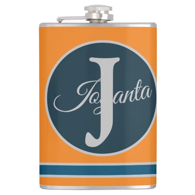 Custom  orange greay blue Monogram Elegant Flachmann (Vorderseite)