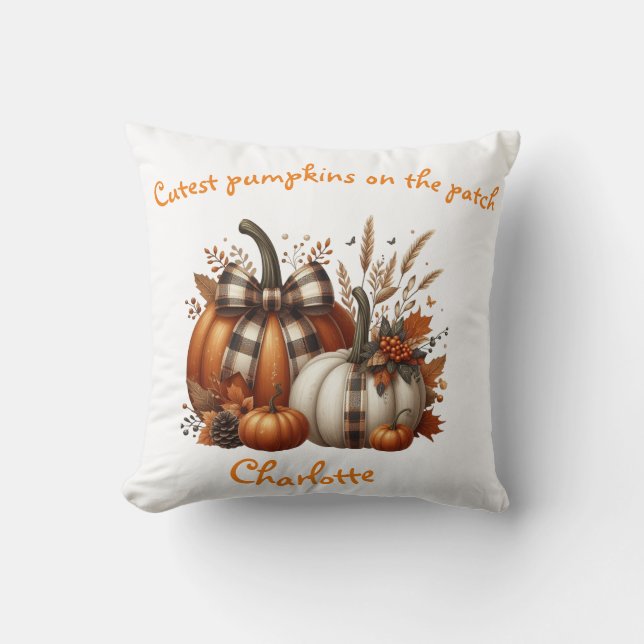 Custom orange, white fall Pumpkins, coquette bow Kissen (Vorderseite)