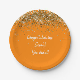Custom Orange White Gold Graduation Party Glitzer Pappteller