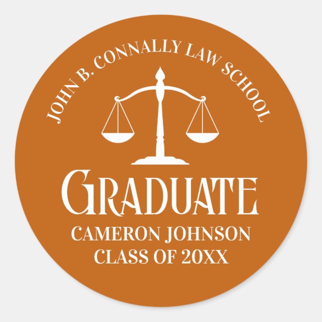 Custom Orange White Law School Graduation Party Runder Aufkleber (Vorderseite)