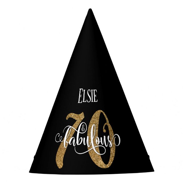 Custom Order Gold Glitzer 70 & Fabulous auf Black Partyhütchen (Vorderseite)