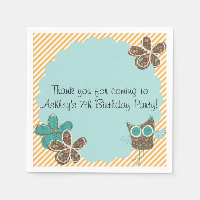 Custom Owl Birthday Party Paper Napkins Serviette (Vorderseite)