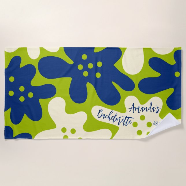 Custom Paint Blue und Green Blume Bachelorette Strandtuch (Vorderseite)