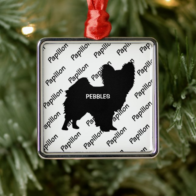 Custom Papillon Dog Silhouette Ornament Aus Metall (Baum)