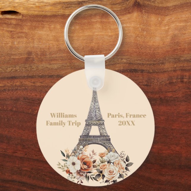 Custom Paris Trip Eiffel Tower Floral Schlüsselanhänger (Vorderseite)