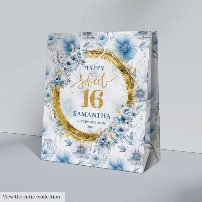 Custom Pastel Blue Sweet 16 Gold Glitzer Geschenkt Mittlere Geschenktüte (Custom Pastel Blue Sweet 16 Gold Glitter Gift Bag)