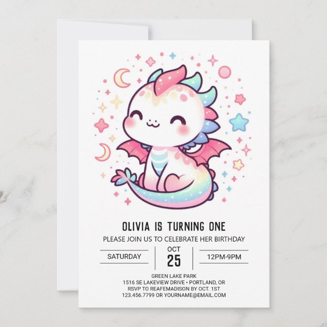 Custom Pastel Dragon 1. Geburtstag Einladung (Vorderseite)