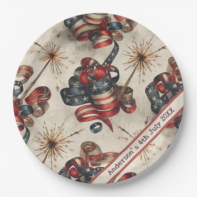 Custom Patriotic Flag Banner Fireworks 4. Juli Pappteller (Vorderseite)