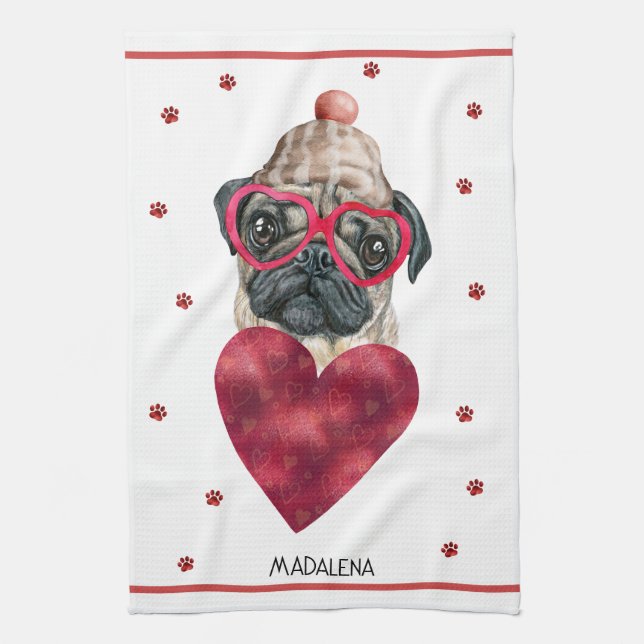 Custom Paws Hund Lover Valentine Geschenk Mops Geschirrtuch (Vertikal)