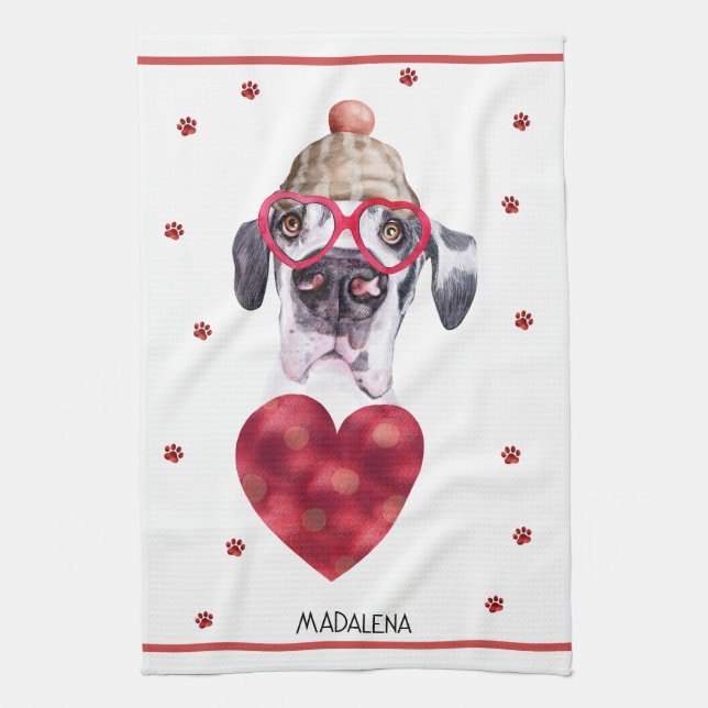 Custom Paws Hund über Valentine Geschenk große Dän Geschirrtuch (Vertikal)