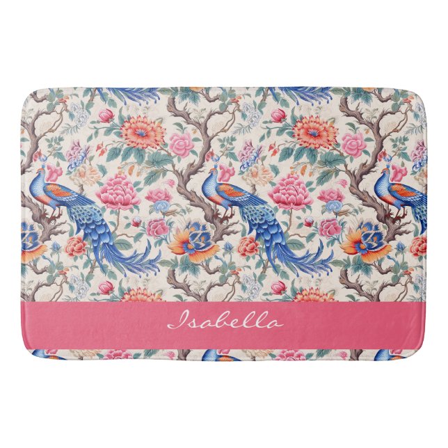 Custom Peacock Chinoiserie Asiatische Blumenlandsc Badematte (Vorderseite)