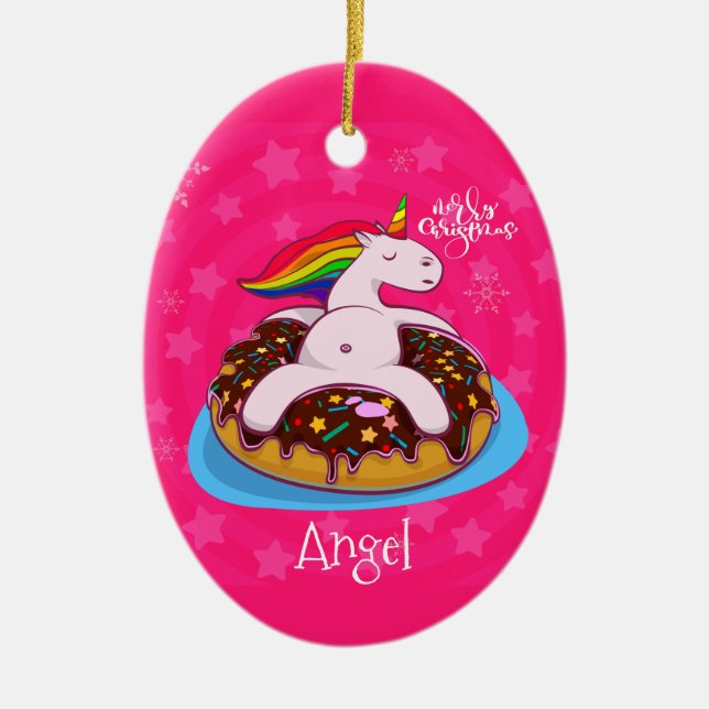 Custom Personalisiert Christmas Unicorn Pink Keramik Ornament (Vorne)