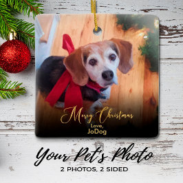 Custom Pet 2 Foto Elegante Gold Script Weihnachten Keramikornament
