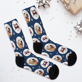 Custom Pet 2 Foto Navy Blue Paw Print Socken