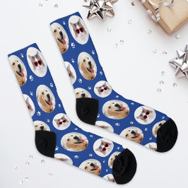 Custom Pet 2 Foto Royal Blue Paw Print Socken