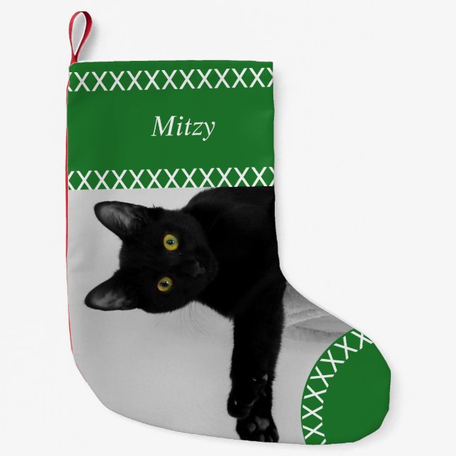 Custom Pet Black Cat Foto Weihnachtsgrün Kleiner Weihnachtsstrumpf (Vorderseite)