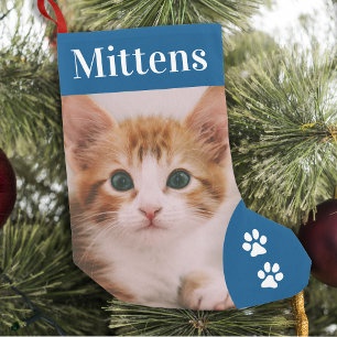 Custom Pet Cat Foto Holiday Blue Personalisiert Kleiner Weihnachtsstrumpf