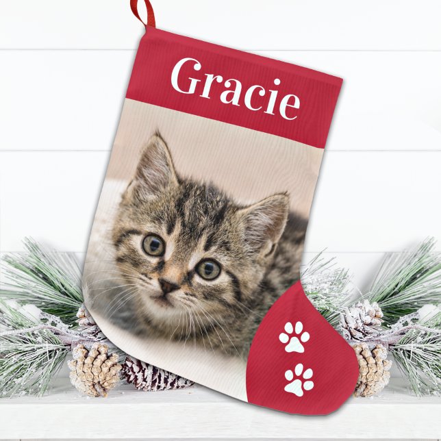 Custom Pet Cat Foto Holiday Red Personalisiert Großer Weihnachtsstrumpf (Von Creator hochgeladen)